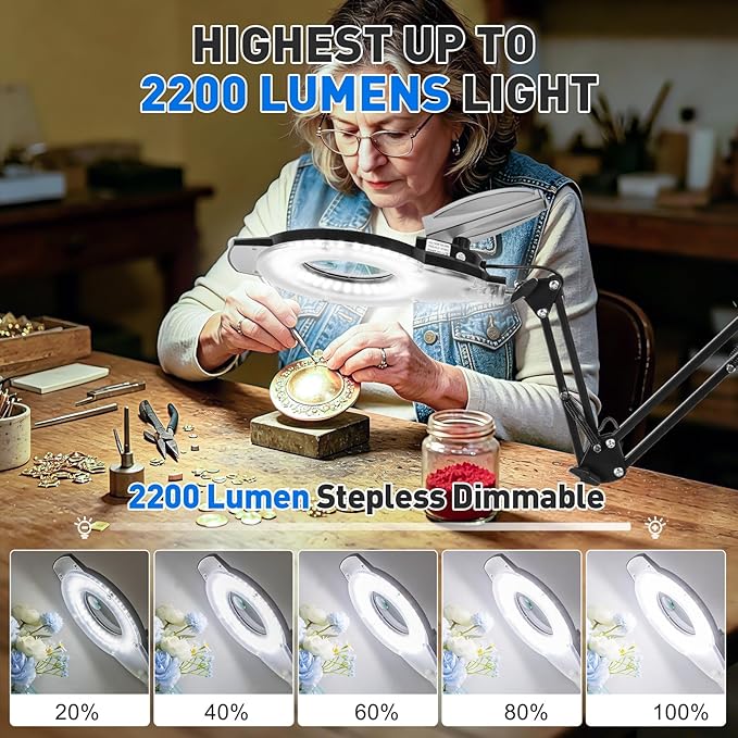 KIRKAS 12X 30X LED Magnifying Lamp with Clamp, 2,200 Lumens Dimmable Bright | 35in Adjust Swivel Arm Magnifying Glass with Light for Repair Reading Craft Needlework Hobby Workbench Magnifier Dust Cover