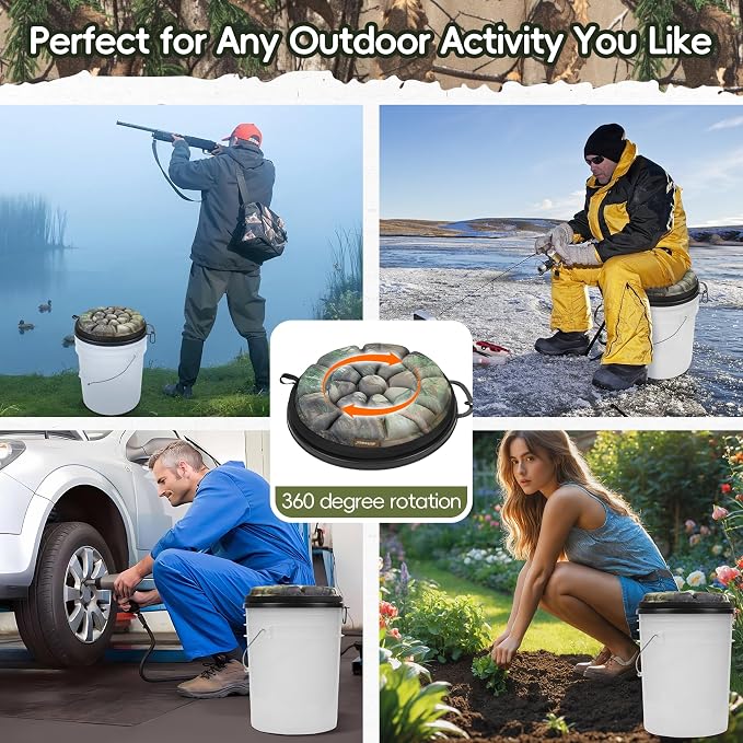 BLISSWILL Outdoor 5 Gallon Bucket Seat - 360° Swivel, Comfortable Foam Cushion for Hunting, Fishing, Gardening, Camping sportsman's Bucket lid
