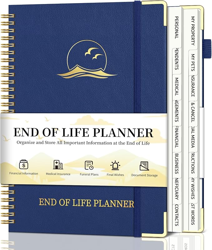 End of Life Planner, Estate Planning Organizer with Tabs for Senior, Spiral Funeral Planning Book with Large Font, Gold Corner Guards & Inner Pocket for Will Preparation, 7.36" x 10.4", Blue