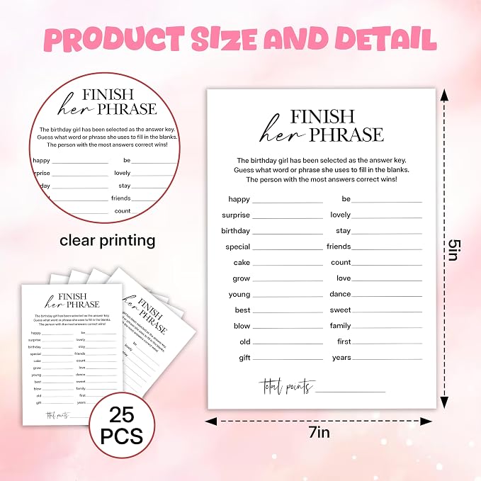 Birthday Party Games, Finish Her Phrase, 25 Pcs Card Set for Guests, Fun Birthday Game for Teen Adults – A01