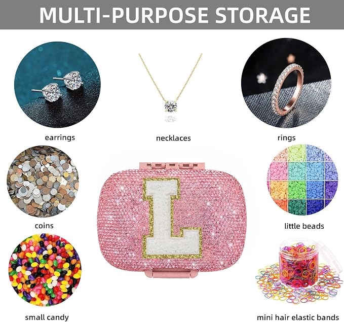 Cute Pill Organizer Small Bling Pill Case for Purse Medicine Vitamin Container Holder Daily Pill Box Container for Women Travel Medicine Kit(Letter L Pink)
