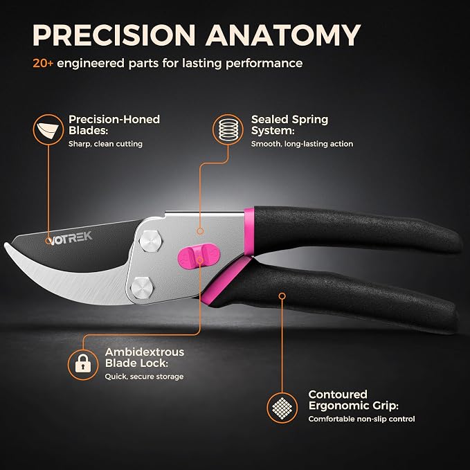 VOTREK® Bypass Pruning Shears, 8.5" Jam-Proof Spring Clippers for branches | Sharp & Anti-Rust SK5 Blade, Ergonomic Non-Slip Grip for Weak Hands, Garden Pruner for Heavy Duty Tree Trimming, Rose, Bonsai