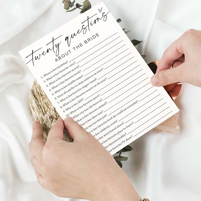 Bridal Shower Games Cards, Twenty Questions About The Bride, Bridal Shower Game 25 Guests, Engagement Party Wedding Games for Guests, Minimalist White Wedding Party Supplies - A05