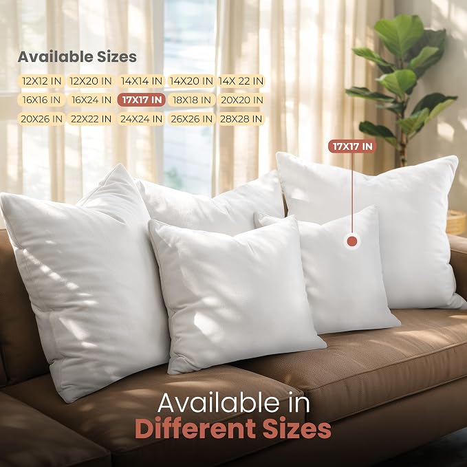 Utopia Bedding 17x17 Pillow Inserts, White Throw Pillows for Couch, 2 Pack | Indoor cushion inserts for bed, sofa & couch, Supportive & fluffy decorative pillows for everyday comfort, Set of 2, White