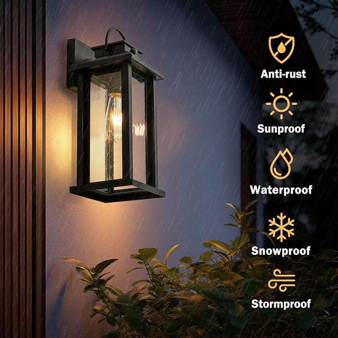 2-Pack 15.5 Inch Dusk to Dawn Outdoor Lighting Wall Mounted | Matte Black, E26 Socket, Hardwired, Clear Seeded Glass, Anti-Rust, Waterproof Outdoor Lights for House