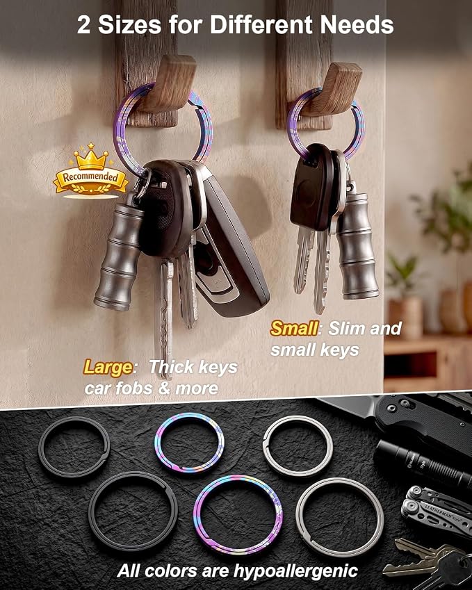 Titanium Key Rings Heavy Duty Easy Open Split Key Chain Rings | Side Push, No Nail Damage, Hypoallergenic, Anti-Slip Ultra Lightweight EDC Bulk Keyrings for Car Key Fob, Gift for Men Women