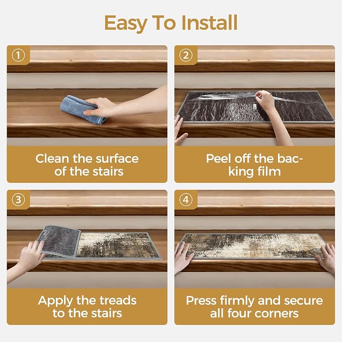 sarben 8"x30" Non Slip Stair Treads for Wooden Steps 15 Pack,Chestnut Smoke | Peel and Stick Carpet Stair Runner with TPE Adhesive Backing, Carpet for Added Safety, Pet and Senior Friendly