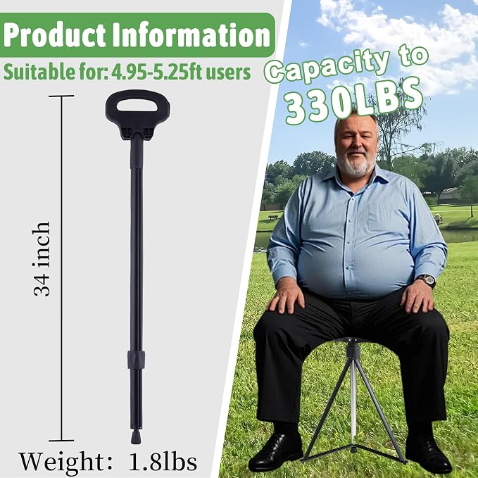 ALEVMOOM Walking Cane with Seat Folding Lightweight, 2-in-1 Cane Stool for Adults, Aluminum Walking Stick with Seat, Stick Chair Portable Stool for Senior