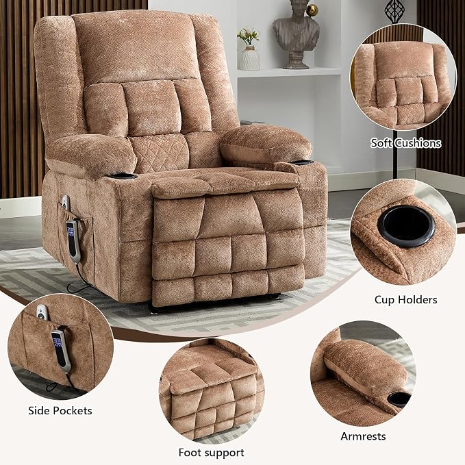 Power Lift Recliner Chair for Elderly with Lumbar Heat and Massage, Electric Lift Chair with Remote and USB Port, Wide Seat Recliner with Cup Holders for Living Room, Bedroom
