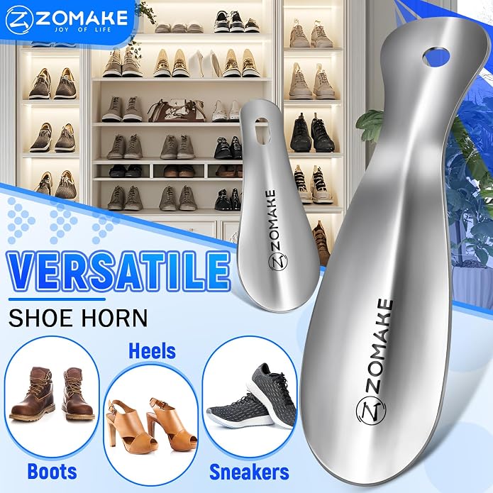 ZOMAKE Metal Shoe Horn, Small Travel Shoehorn for Men Women Kids 7.5''&3.9" | 3 Pack Stainless Steel Portable Shoe Spoon Helper, Compact Travel Size, Built-In Hang Hole, Smooth Rounded Curve, Shoe Care