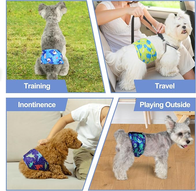 5 Pack Dog Diapers Male Reusable, Premium Belly Bands for Dogs, High Absorbing Male Dog Pee Wraps for Doggie in Incontinence or Excitable Urination Dinosaur S