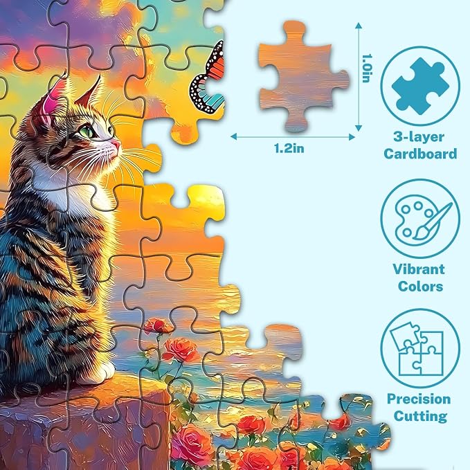 500 Piece Puzzle for Adults – Cat Sunset Jigsaw Puzzles 500 Pieces with Flowers & Butterfly, Colorful Art Puzzle for Adults & Seniors, Relaxing Adult Puzzles, 20.5 x 15 in