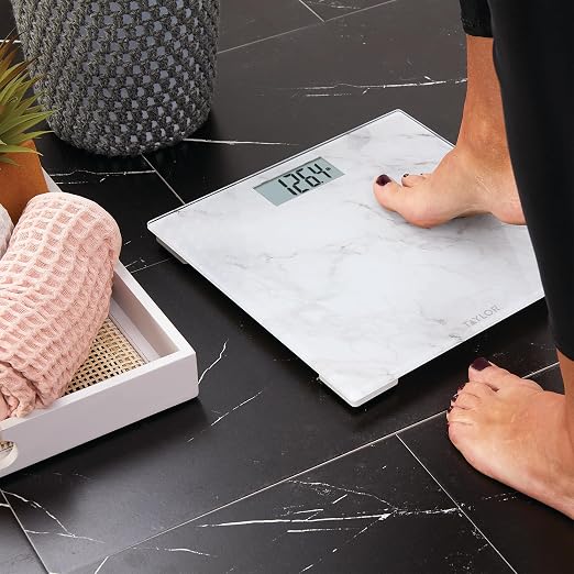 Taylor Digital Bathroom Scale for Body Weight, Glass Platform with Marble Design, 400 lb Capacity, Large Easy-Read Display, Precise Weight Tracking