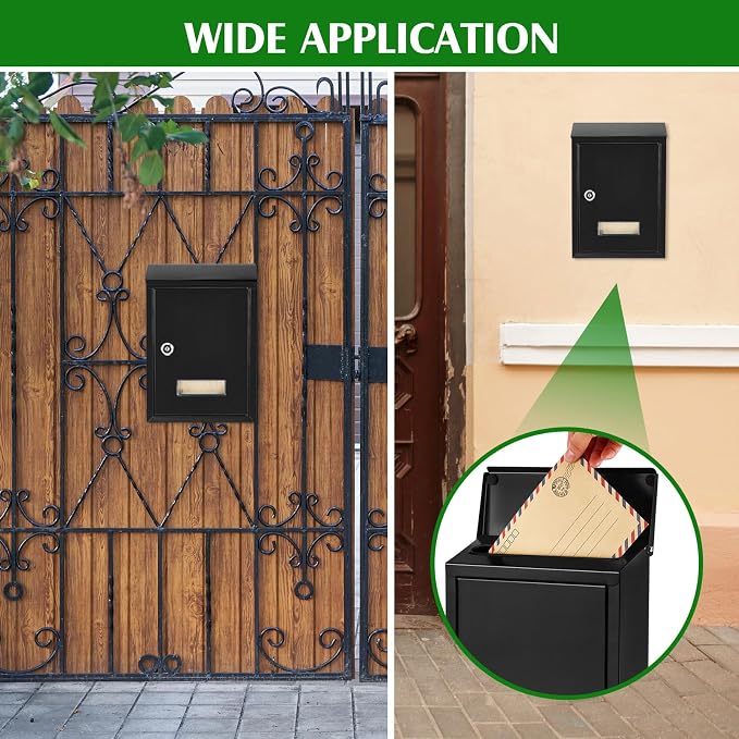 Amylove Weatherproof Mail Boxes with Key Lock, Security Locking Wall Mount Metal Mailbox with Slot for Outside, Large Capacity for Mail, Packages, Donations, Voting 11. 8"h x 8. 3"l x 2. 8"w, Black