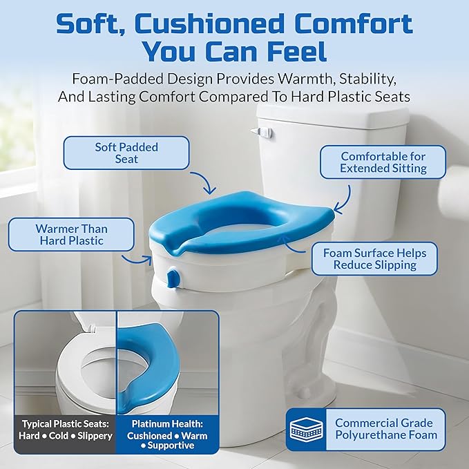 Platinum Health Soft-TOP 2.0 Deluxe Padded Raised Toilet Seat. Soft, Warm Padded Elevated Riser for Elongated/Round Toilets. Adds 5.5 Inches in Height for Safe Toileting. (no armrests) | Easier, Safer Sit & Stand at the Toilet - padded seat, tool-free ...