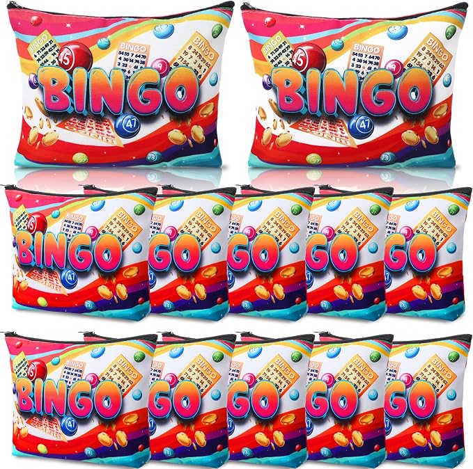 12 Pcs Bingo Gifts Makeup Bags Bingo Game Lover Gifts Travel Zipper Pouch for Seniors Mom Grandma Women Players