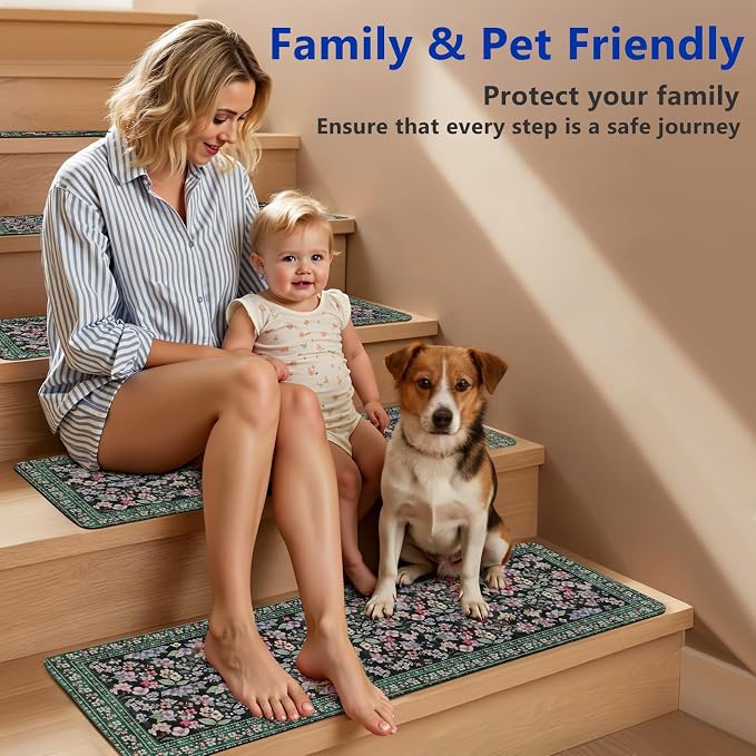 Vintage Floral Stair Treads Non Slip Carpet Stair Treads for Wooden Steps Indoor 15PCS 30"x8" Stair Runner Stair Mats Safety Staircase Step Treads for Elders Kids Dogs Dark Green