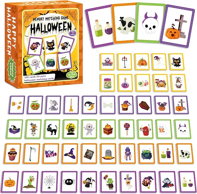 gisgfim 100 PCS Memory Matching Game Happy Halloween Concentration Memory Games Card for Kids Educational Ages 3-8 A Fun & Fast Halloween Theme Matching Games