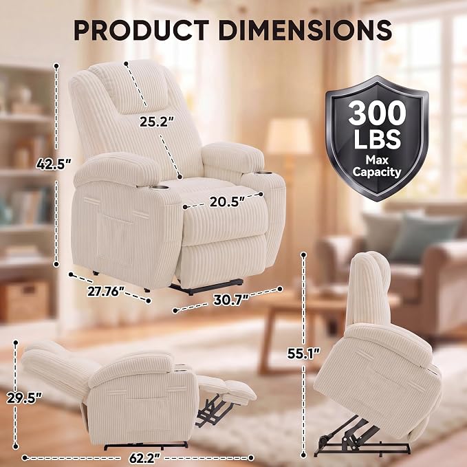 Flamaker Power Lift Chair Massage Recliner Chairs for Elderly | Ergonomic Lift Recliner Design with Cup Holders & Side Pockets, Remote Control (Corduroy, White)