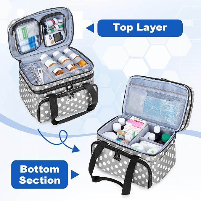 BAFASO Double Layer Medicine Bag with 2 Detachable Pouches, Polka Dots | Pill Bottle Organizer for Travel and Daily Use (Bag ONLY)
