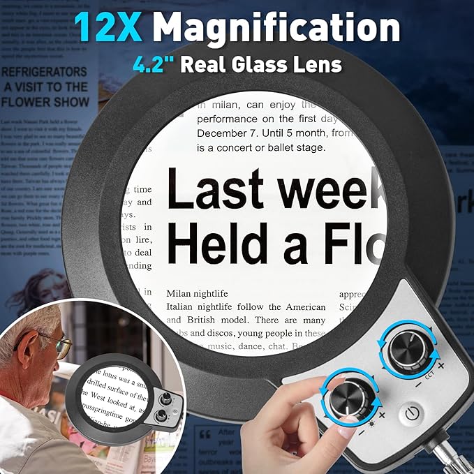 KIRKAS 12X Magnifying Glass with Light, Any Color Modes & Stepless Dimming LED Magnifying Lamp with Clamp, Hands Free Lighted Magnifier Glass Lens for Crafts Hobby Reading Painting Close Work