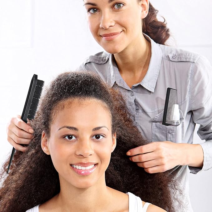 Geiserailie 3 Pcs Slick Back Hair Brush Set Bristle Brush Edge Control Teasing Comb for Women Black Hair(Black)