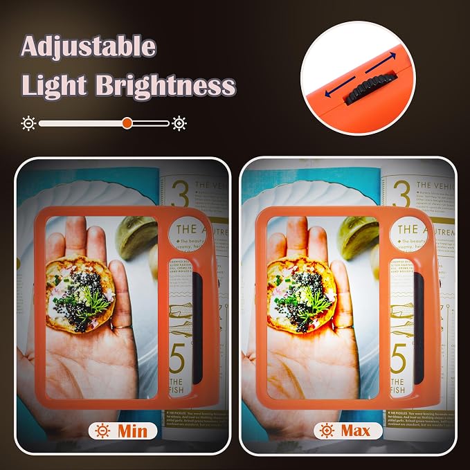 5X 10X Full Page Magnifying Glass for Reading, Rechargeable with 48 Adjustable LED Lights & 3 Light Modes, Comfort-Grip & Lightweight Handheld Magnifier for Seniors, Reading Aid, Low Vision(Orange)