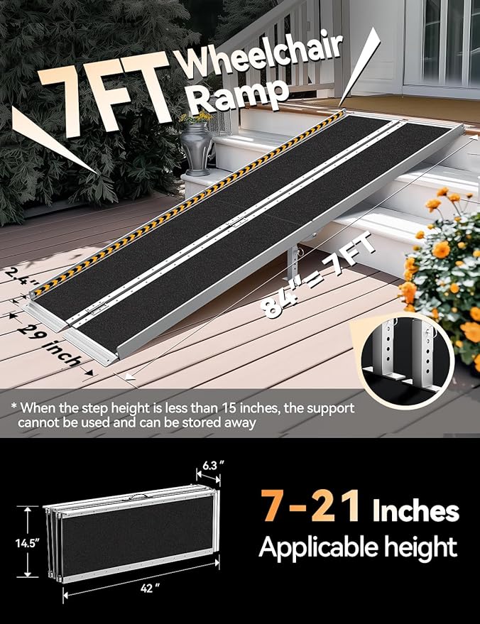 FACHNUO 7 Feet Portable Wheelchair Ramp with Sopport Legs, Non-Skid Aluminum Handicap Ramps with Handle, Folding Threshold Wheel Chair Ramp for Home Steps, Stairs, Entry,Doorways, 800LBS Capacity