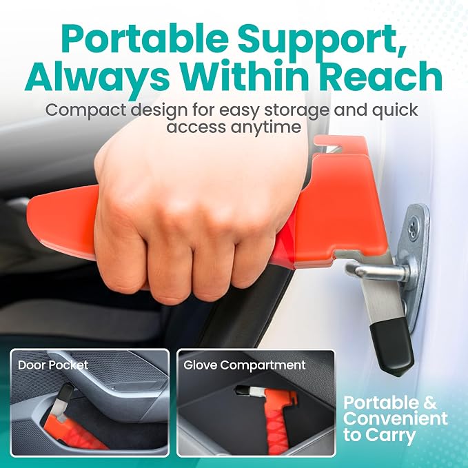 Car Door Handle for Elderly - Car Cane Mobility Aid Tool, Steel Hook, Supports Up to 300 lbs, 3 in 1 Car Door Latch Bar for Seniors & Handicapped, Easy Tool-Free Use, Pack of 2 - (Red)