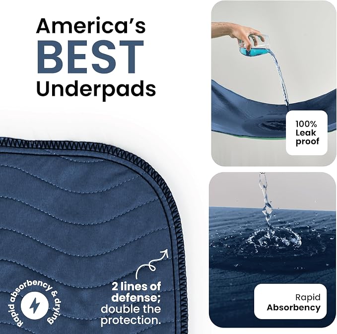 IMPROVIA® Washable Underpads, Heavy Absorbency Reusable Incontinence Pads for Kids, Adults, Elderly, and Pets, Waterproof Protection Floor (Navy & Green, 34"x52" (Pack of 2))