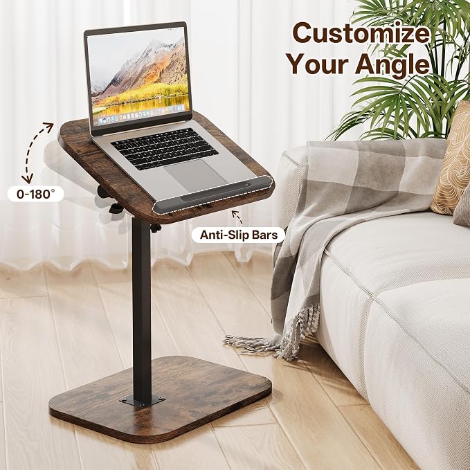 TV Tray Table, Sofa Side Armrest Tray, C Shaped End Table | Adjustable Height, Flip-Top, Snack Side Table with 360° Swivel and 180° Tilt, for Couch, Small Spaces, Bed, Chair, Brown