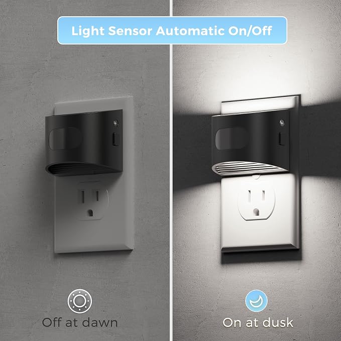 L LOHAS LED Motion Sensor Night Light, Night Lights Plug into Wall, 4 Pack | Nightlight with Dusk to Dawn & Motion Detection Sensor, 30-100Lm Adjustable Brightness, 5000K Daylight, Black Housing