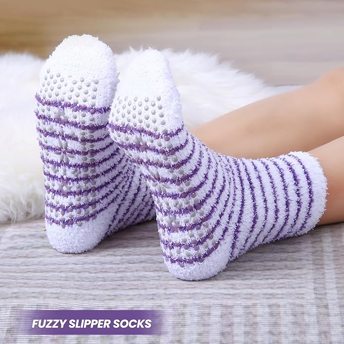 HUGSWEET 6 Pairs Thick Fuzzy Socks with Grip Cozy Non Slip Hospital Socks Home Fluffy Warm Slipper Socks Gifts for Women