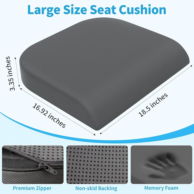 TranquilRelax XL Memory Foam Seat Cushion for Office Chair, 3.35-Inch, Gray | Medium-firm Support for Long Sitting, Washable Mesh Cover, Non-slip Base, Perfect for Car Seats & Short Drivers