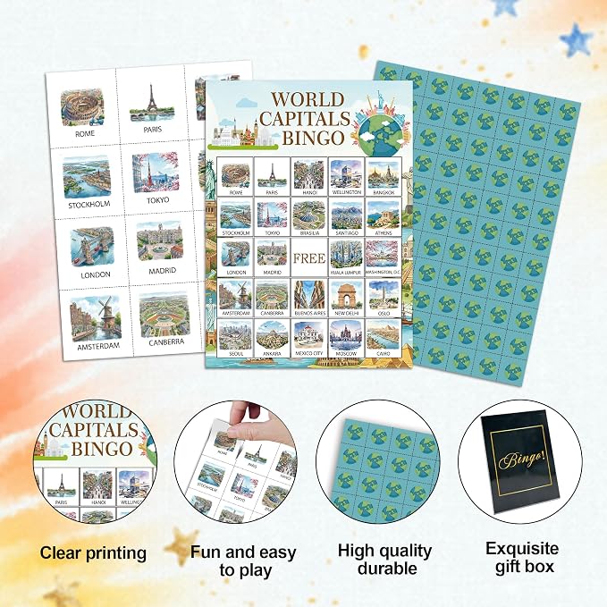 World Travel Bingo Game Cards, World Capitals Bingo Set For Adults Large Group, City Themed Fun Games, Icebreaker Games for Indoor Outdoor Activities, Travel Lover Gifts For Family Friends, 15