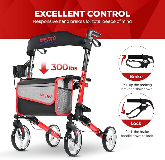 Metro Mobility Rollator Walker with Seat for Seniors, Foldable Lightweight Rolling Walker, 8" Big Wheels for All Terrain, 300 lb. Weight Capacity, Red