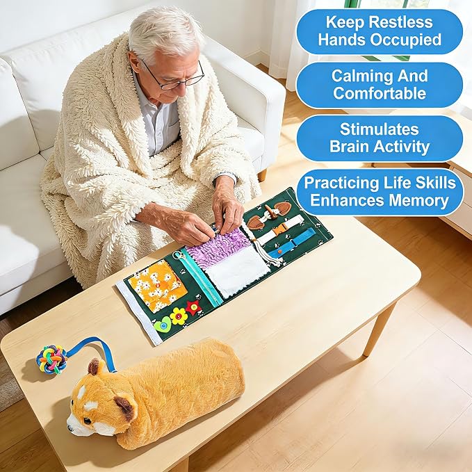 Fidget Blanket and Muff Cute Bear for Adults with Dementia,Dementia Fidget Toys For Elderly and Seniors,Alzheimers Dementia Sensory Activities Products,Sensory Gift for Alzheimer’s or Dementia