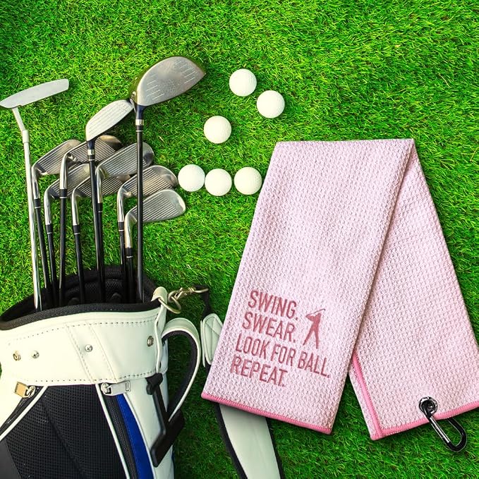 Swing Swear Look for Embroidered Pink Golf Towel, Funny Golf Towels for Bag with Clip, Birthday Retirement Gifts for Grandma Mom Sister Friend Aunt Golfer, Ladies Golf Towel