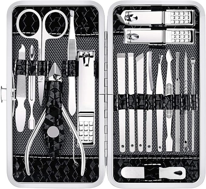 Yougai Manicure Set 18 Pieces Professional Nail Clippers Pedicure Kit Men Women, Stainless Steel Fingernail Toenail Cutters, Nail Care Grooming Tools with Leather Travel Case