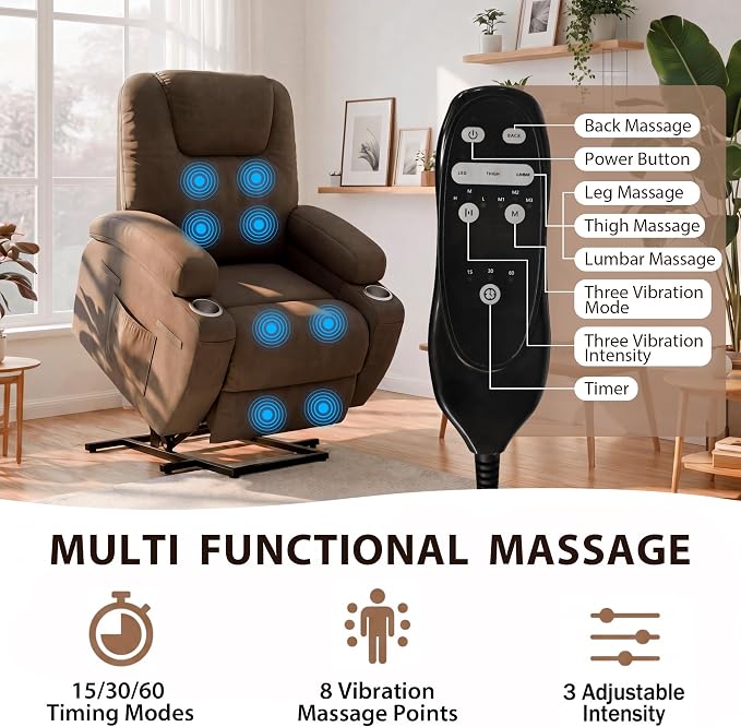 JUMMICO Power Lift Recliner Chair for Elderly with Vibration Massage | Recliner Chair Ergonomic Lift Chair Cup Holder for Living Room (Leathaire, Dark Brown)