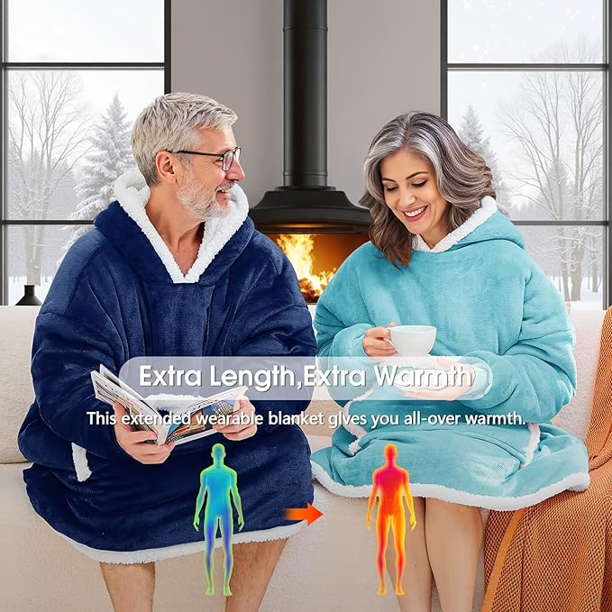 JOYWOO Turquoise Teal Oversized Wearable Blanket Hoodie,Cat lovers Long Hoodie Blanket for Adult,Birthday Gifts for Women Men Mom,Cozy Sherpa Hooded Blanket Giant Pocket Winter Gifts,Teal Oversize