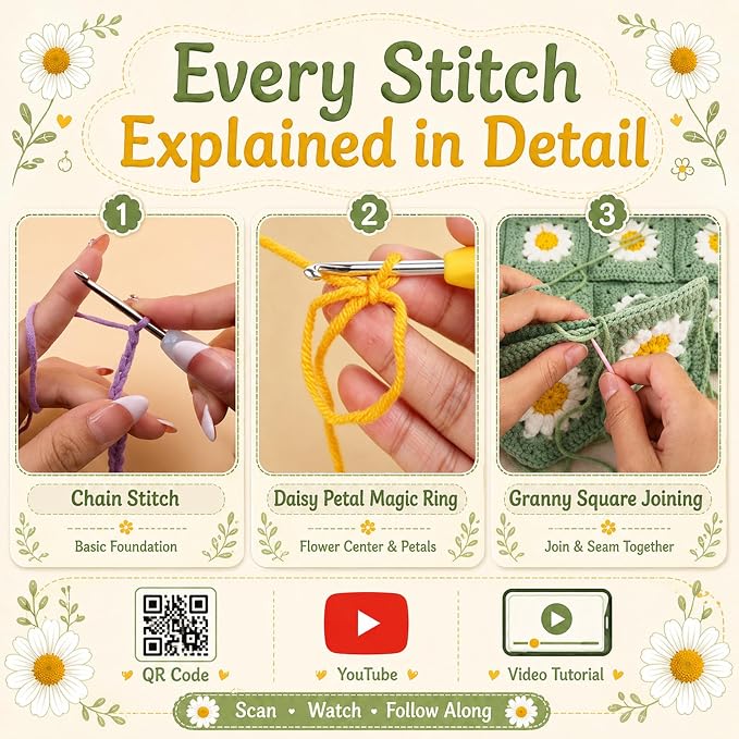 Coopay Crochet Blanket Kit for Beginners, Large Granny Square Crochet Kit | Complete Crochet Kit W/1200g Premium Yarn, Manual & Video Tutorial, DIY Handmade Blanket Gift for Crochet Lovers