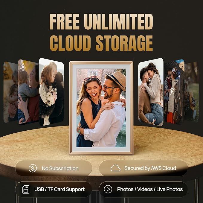 ARZOPA D10 Metal Digital Picture Frame Free Cloud Storage No Subscription 10.1" HD Anti-Glare Touchscreen Load Photos & Videos from Phone Ideal for Thoughtful Gifting Exquisite - Champagne Gold