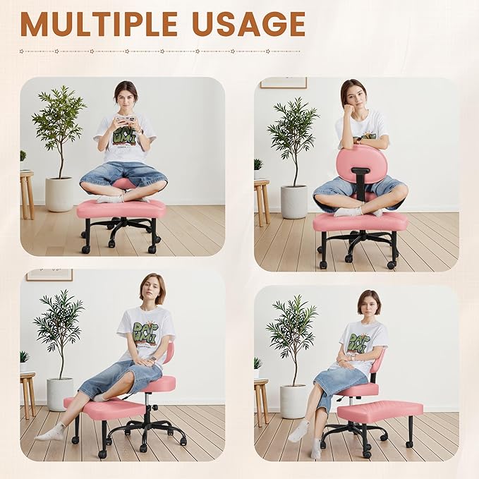 Ergonomic Cross Legged Office Chair with Wheels - Adjustable Height Kneeling Meditation Chairs for ADHD, Yoga & Desk Work - Wide Criss Cross Seat with Lumbar Support, Pink