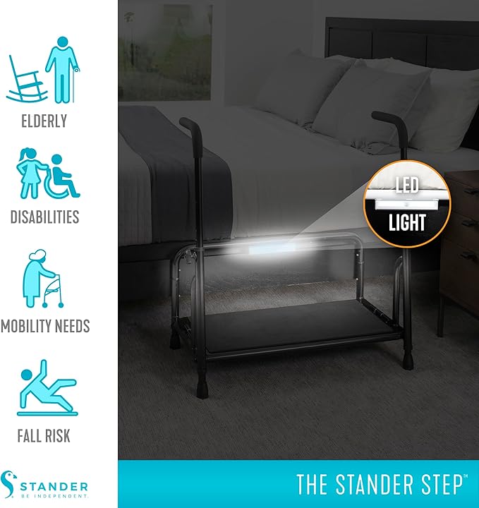 Stander Step-Stool, Portable Step with Adjustable Handles for Seniors and Elderly Adults, Extra Wide Heavy Duty Step-Ladder for Fall Prevention, Grab Bars, Motion Activated LED Light, Black