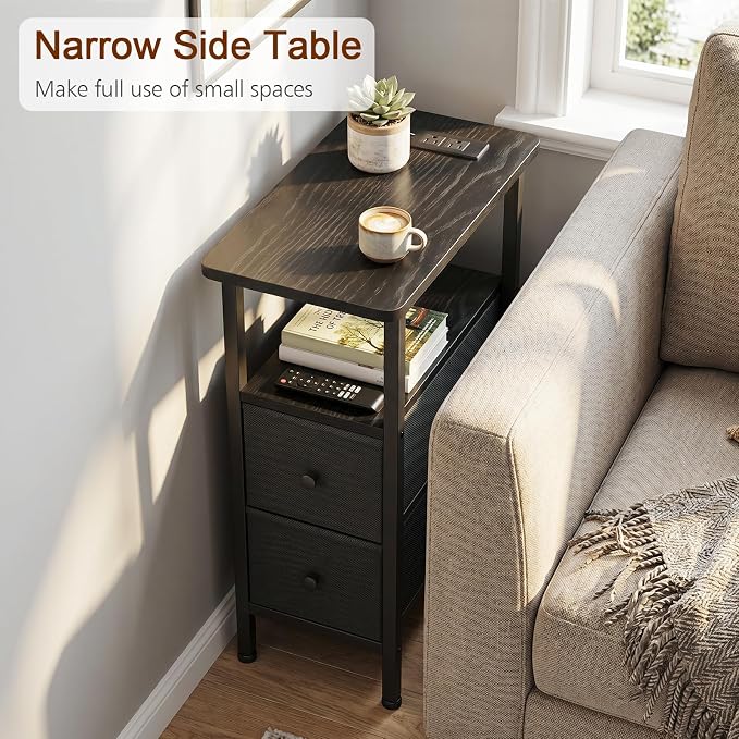 Narrow End Table with Charging Station, Small Nightstand | Skinny Side Tables Living Room with 2 Fabric Drawers, Slim Bedside Table for Bedroom, Small Spaces, Couch, Black