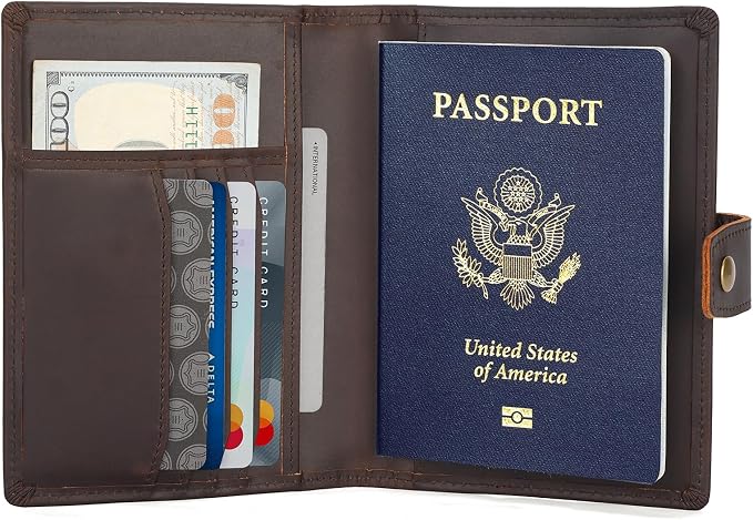 Polare Slim RFID Blocking Leather Passport Holder Travel Bifold Wallet For Men (Dark Brown(Snap Version))