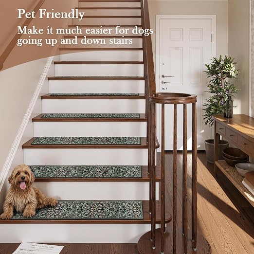 OJIA 15PC Stair Treads Non-Slip Stair Runner for Wooden Steps Indoor 30"x8" | Floral Carpet Stair Treads Stair Mats Staircase Step Treads for Kids, Elders and Dogs, Stair Covers, Black