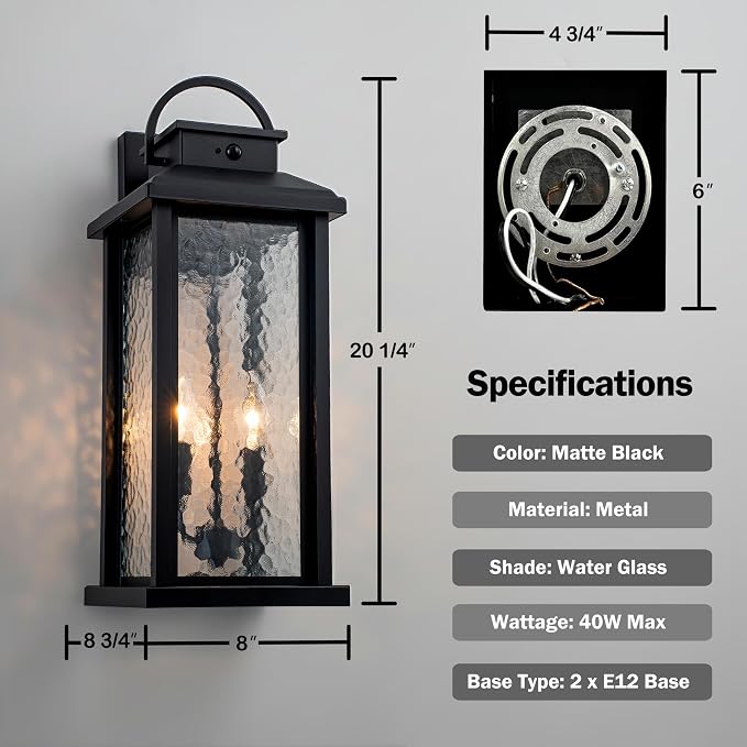 20 Inch Large Motion Sensor Outdoor Wall Lights | Matte Black, 3 Lighting Modes, E12 Sockets, Water Glass, Hardwired, Waterproof Dusk to Dawn Outdoor Lighting For Patio Garage