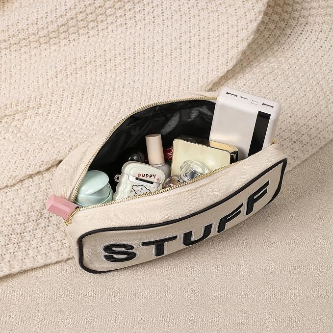 uekeboag Canvas Chenille Letter Stuff Makeup Bag,Small Travel Washable Organizer Bag for Purse with Zipper, Cute Personalized Preppy Cosmetic Bag For Women and Girls(01Black-Stuff)